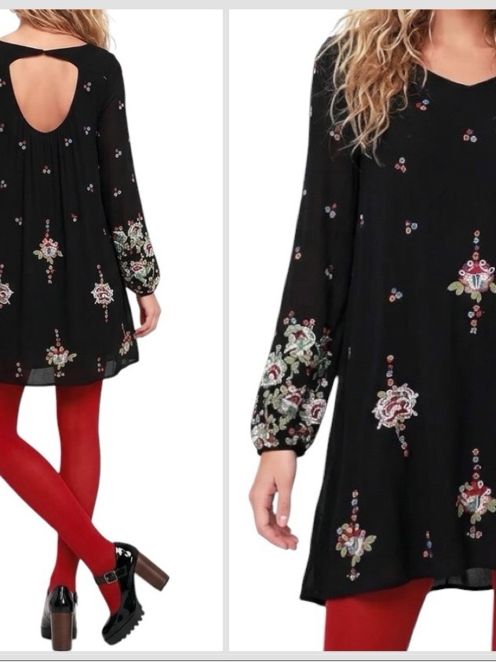 Whimsigoth Floral Embroidered Free People Black Back Cut Out Mini Dress Small